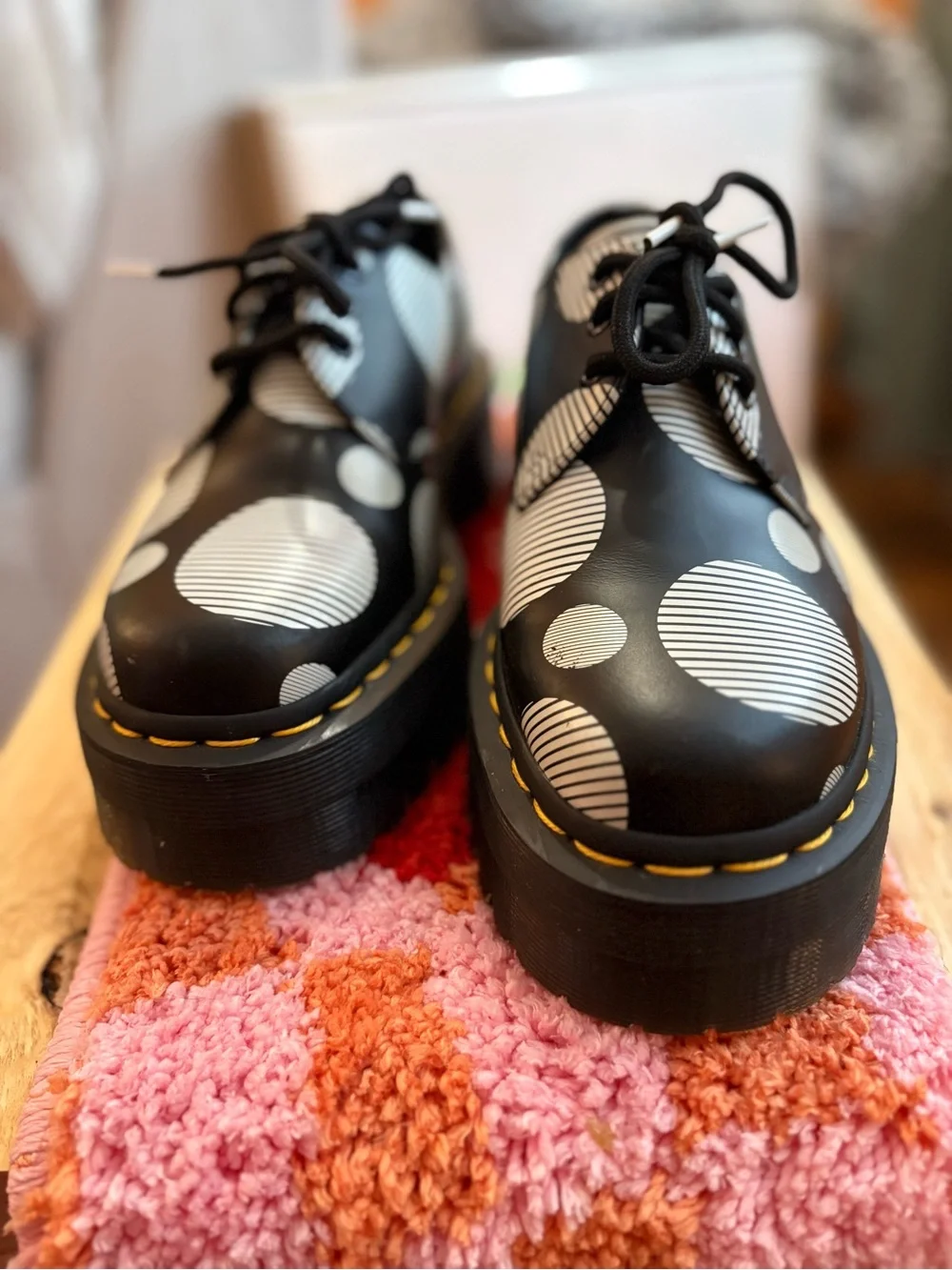 Dr. Martens Black Platform Oxford with White Polka Dot Print